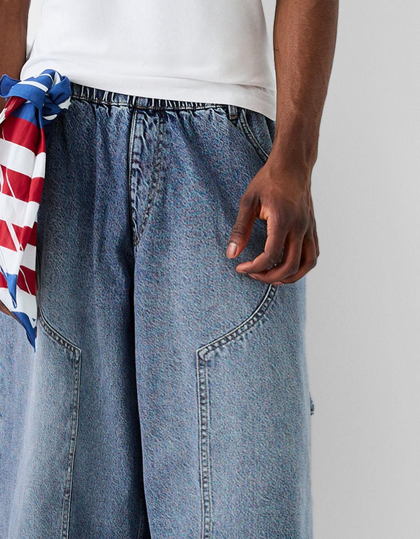 Calções bermuda jort denim baggy cintura contraste-Azul lavado-6