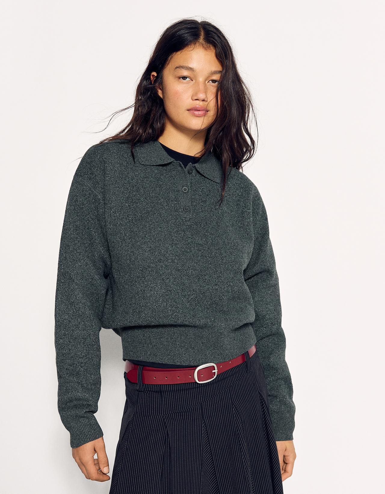 Button-up boxy polo collar jumper — Grey