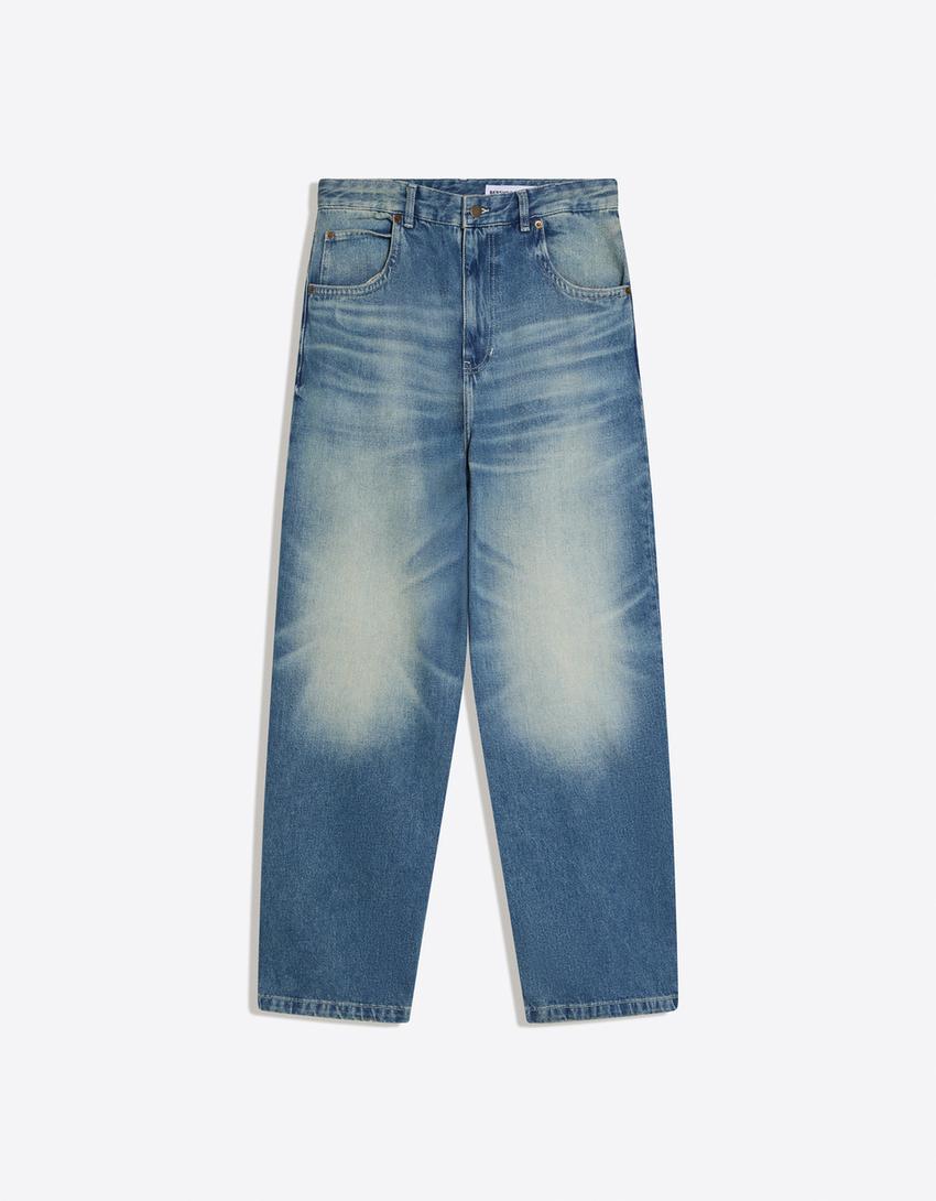 Jeans baggy con fibbia posteriore-Azzurro Lavato