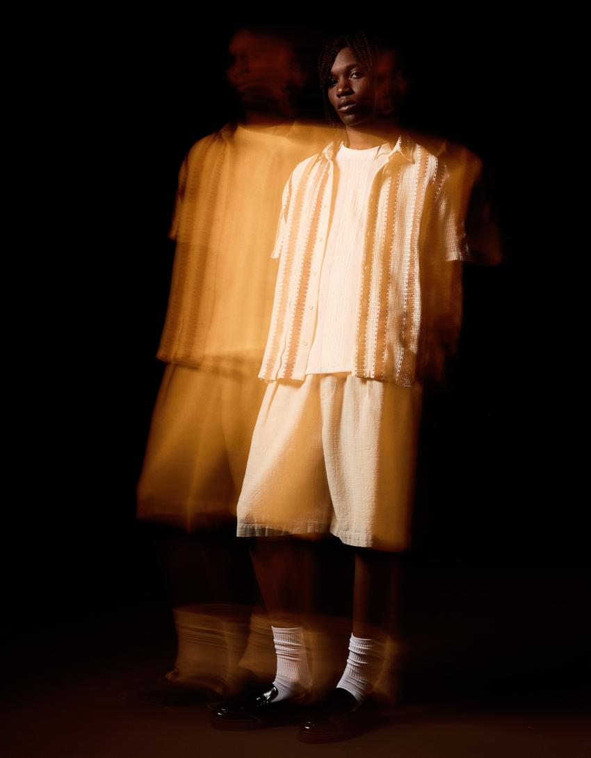 Chemise manches courtes crochet rayures-Écru-3