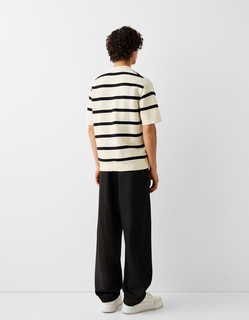 Textured striped short sleeve polo shirt-Sand-1