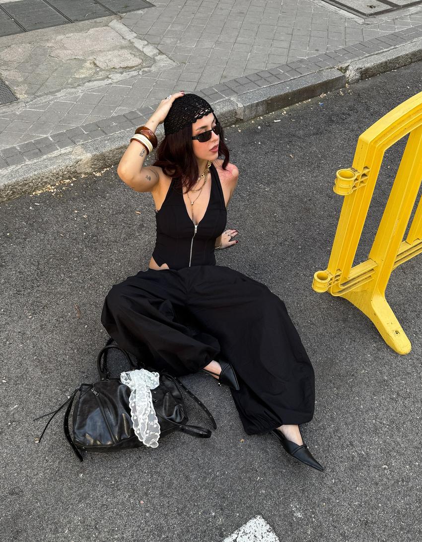 سروال شروال بشريط خصر مرن-أسود