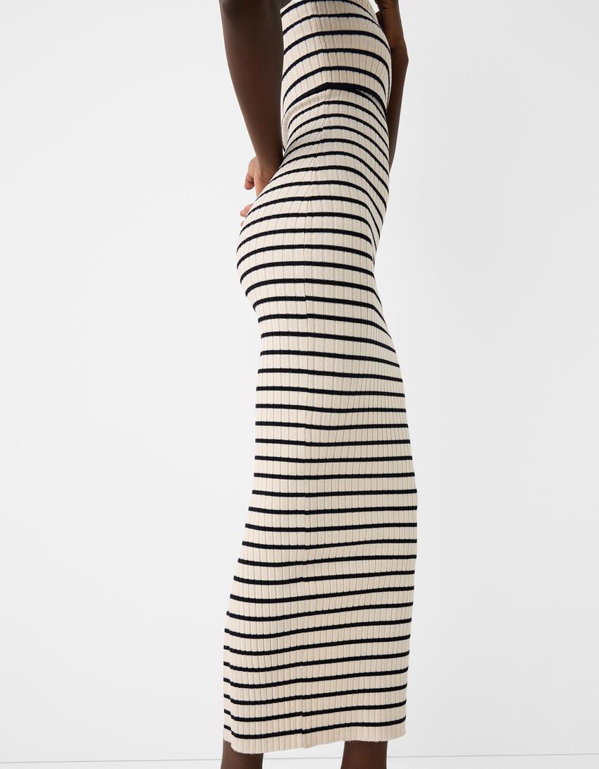 فستان شريطي مخطط متوسط الطول-كريمي-3