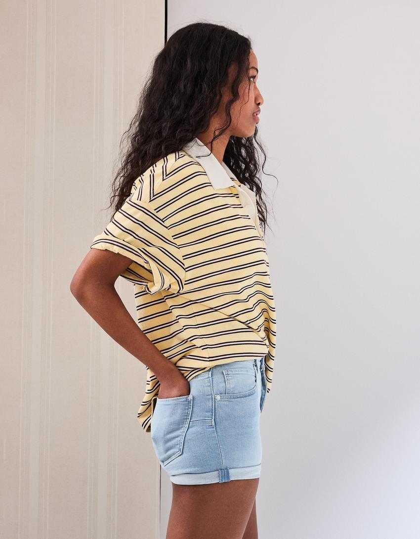 Katlanabilir paçalı denim şort-Açık mavi