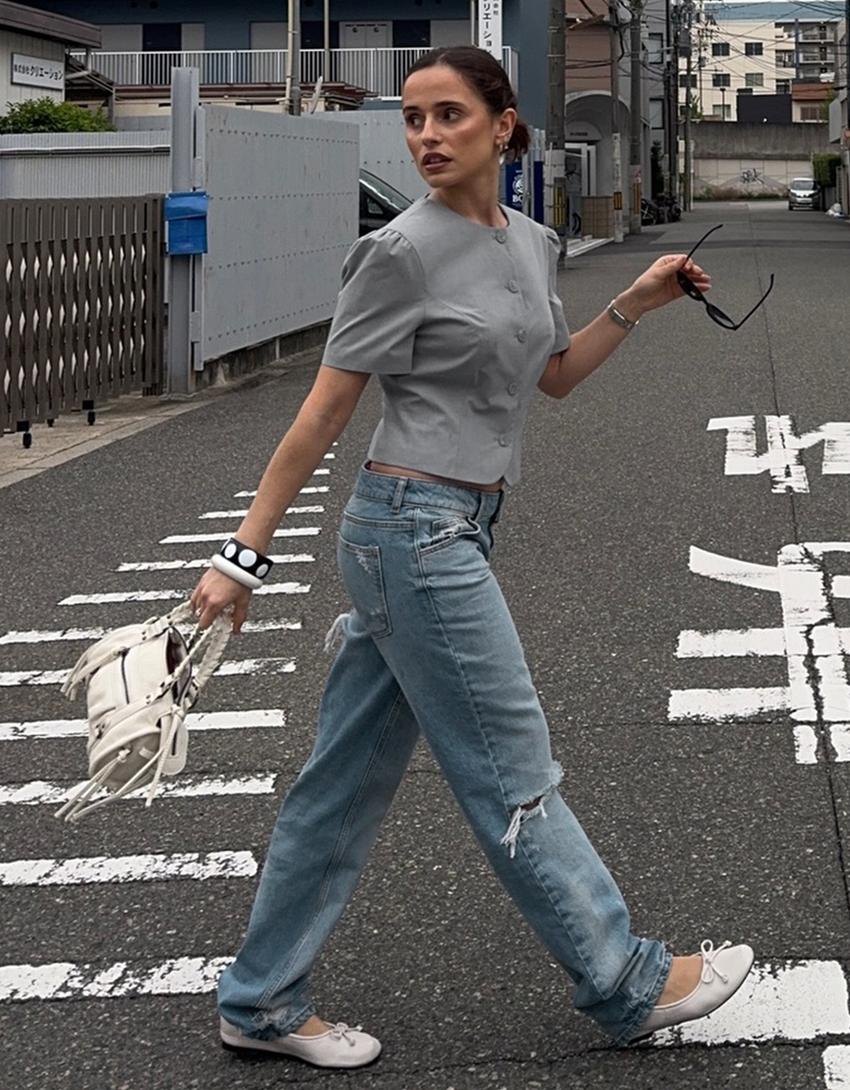 Distressed düşük bel straight fit jean-Açık mavi
