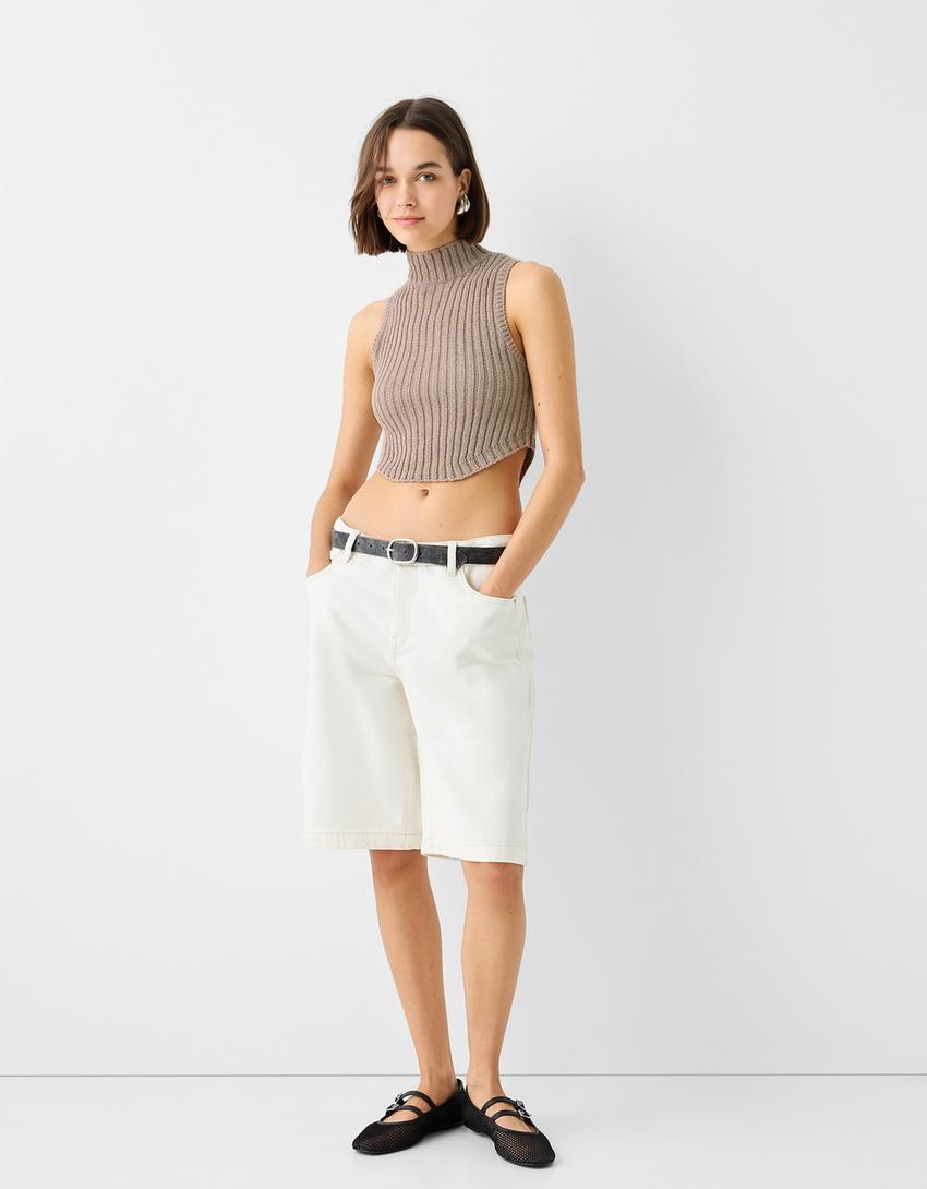 Sleeveless rustic ribbed mock turtleneck top-Pink