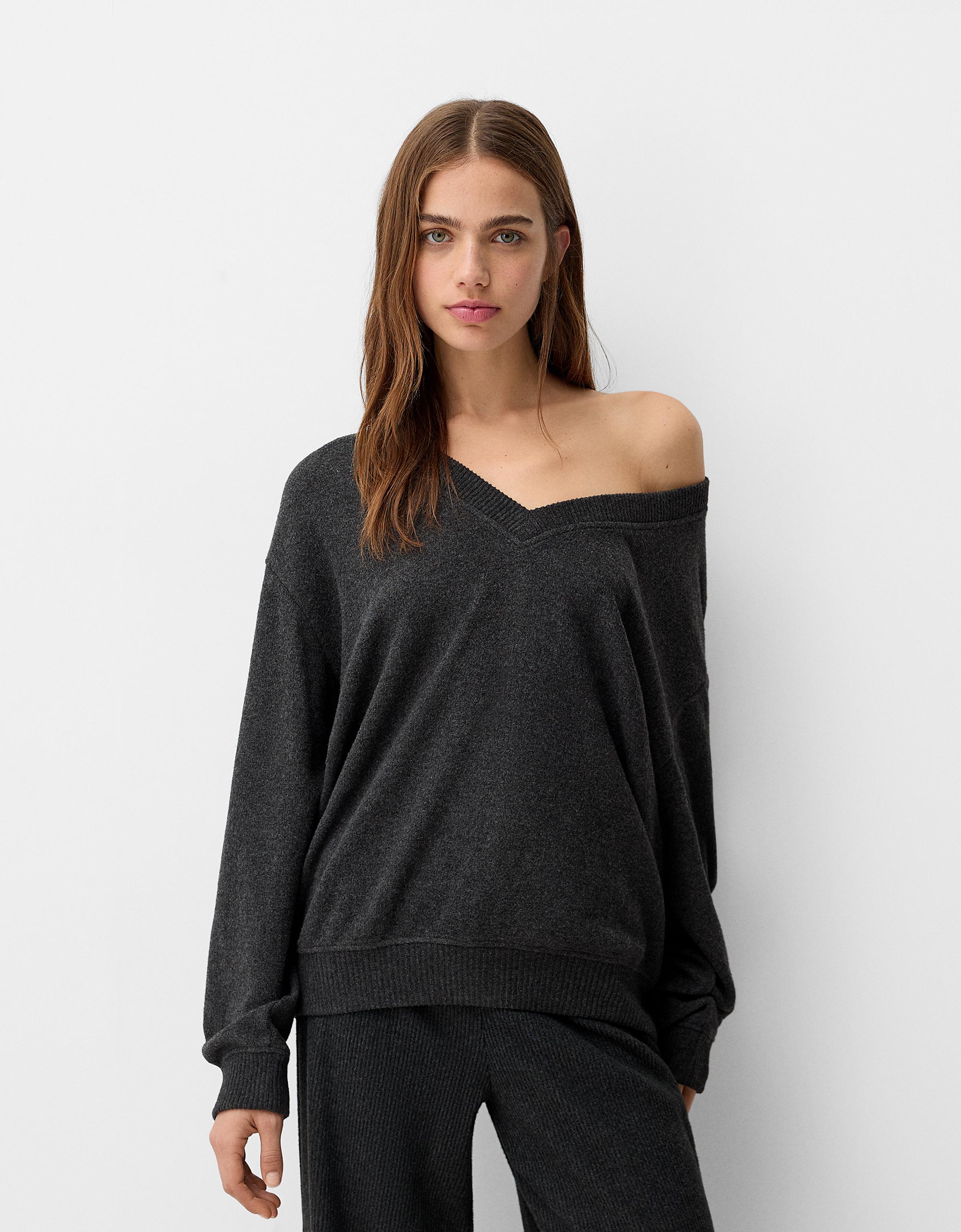 Bershka Soft-Touch-Pullover Im Oversize-Fit Mit V-Ausschnitt Damen L Dunkelgrau