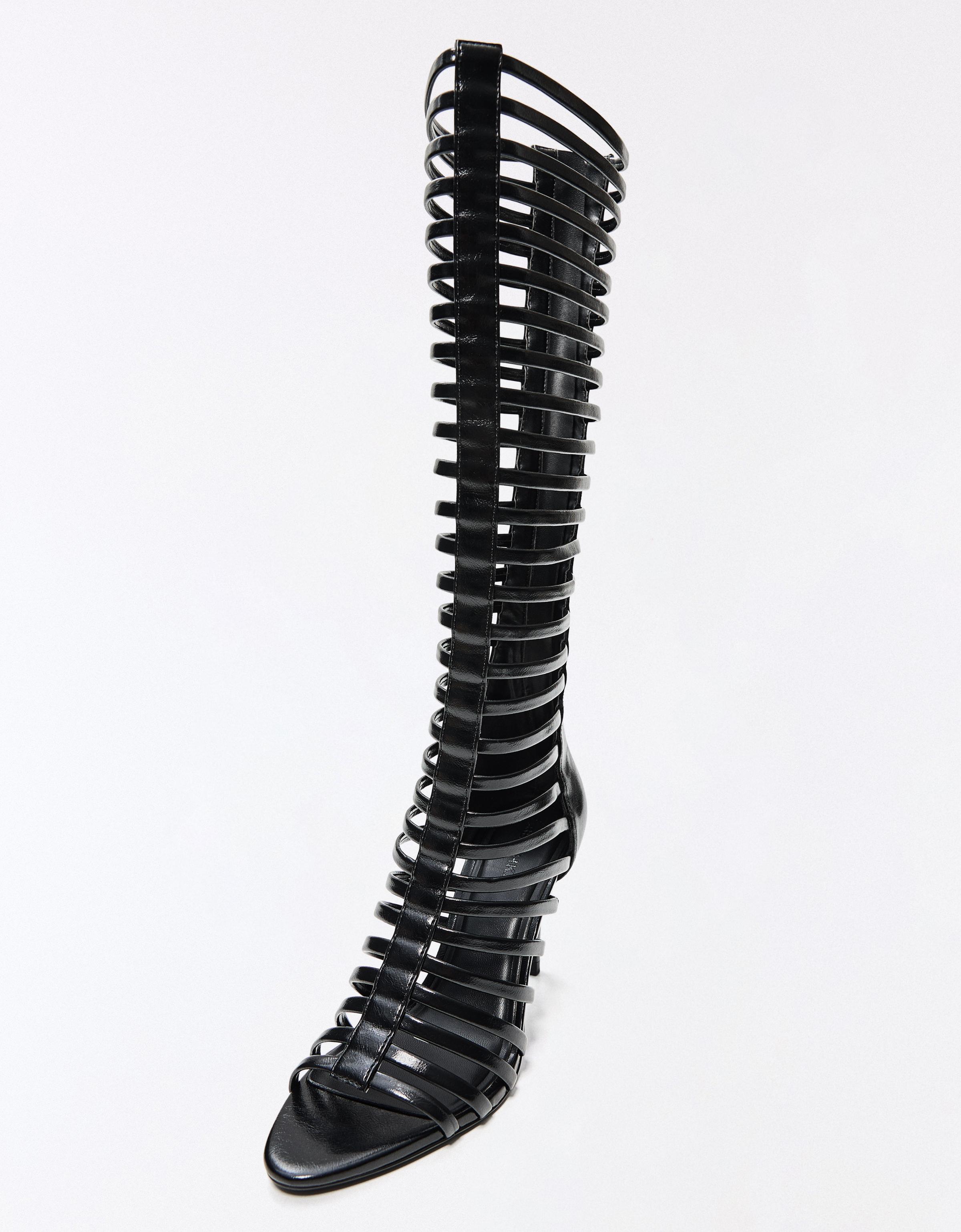 MULTI-STRAP HEELED BOOT SANDALS — BLACK