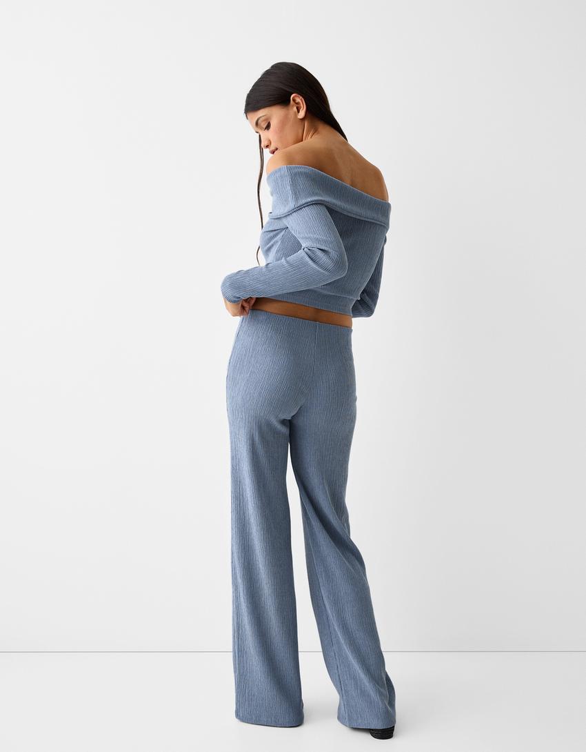 تيشرت مكشوف الأكتاف بغرزة وافل وأكمام طويلة-أزرق-1