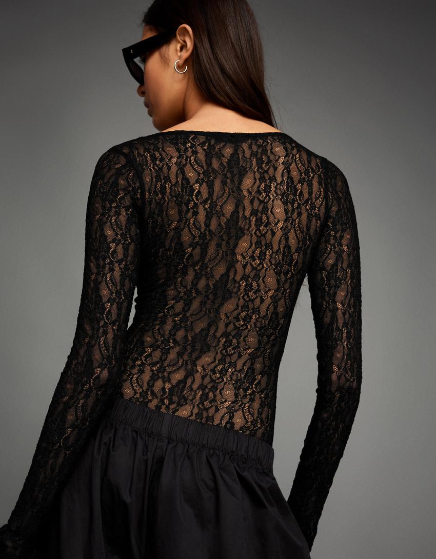 Uzun kollu dantel body-Siyah