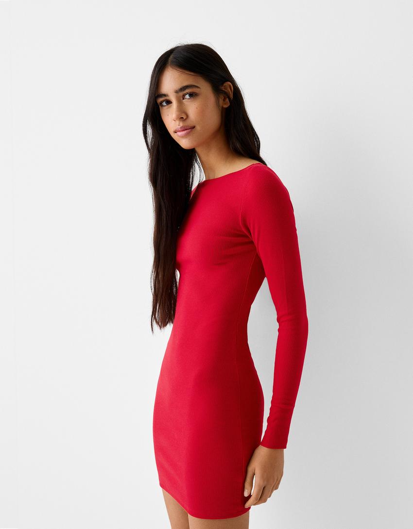 Mini-robe maille manches longues col bateau bord-côte-Rouge-1