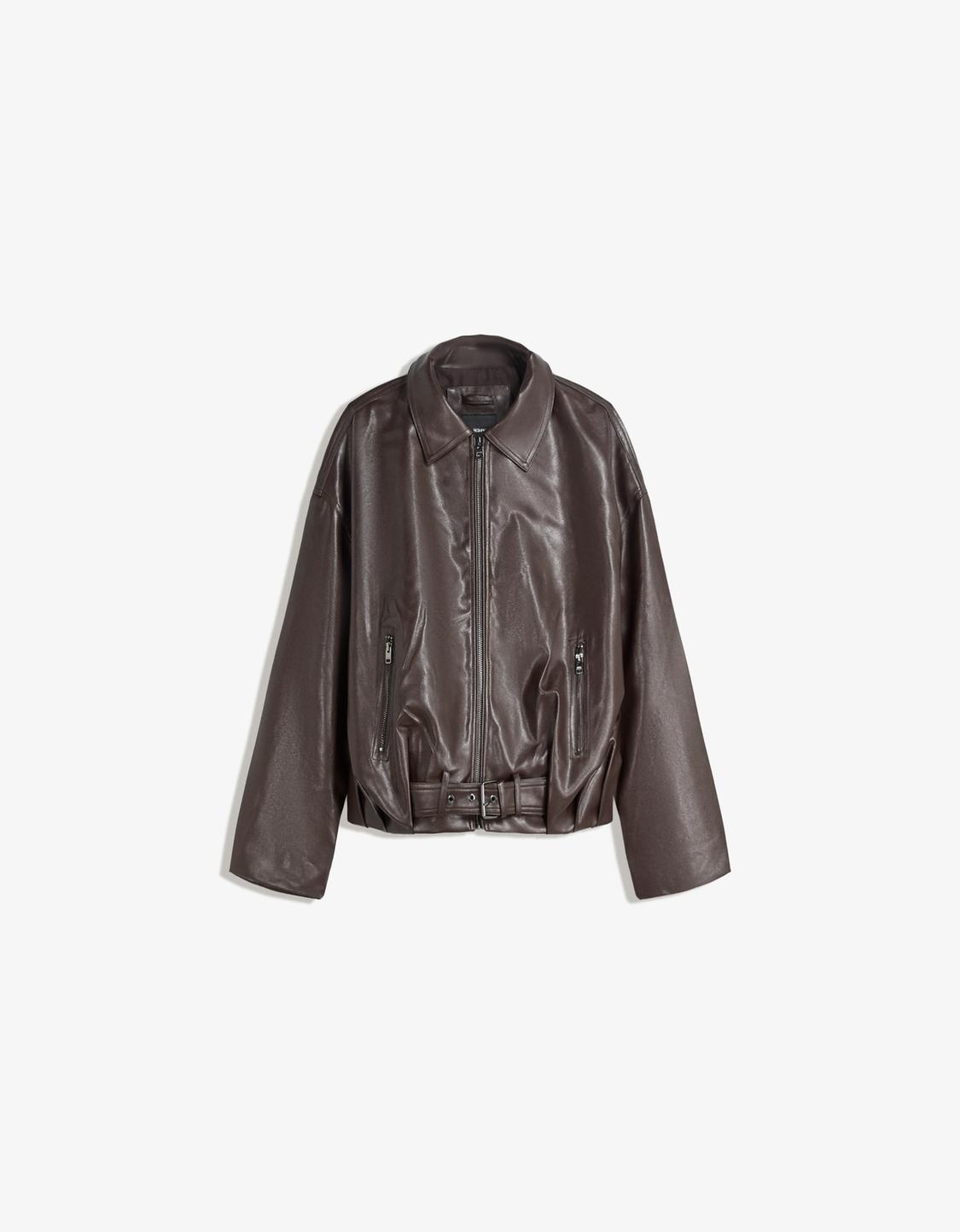 Faux leather bomber jacket with belt