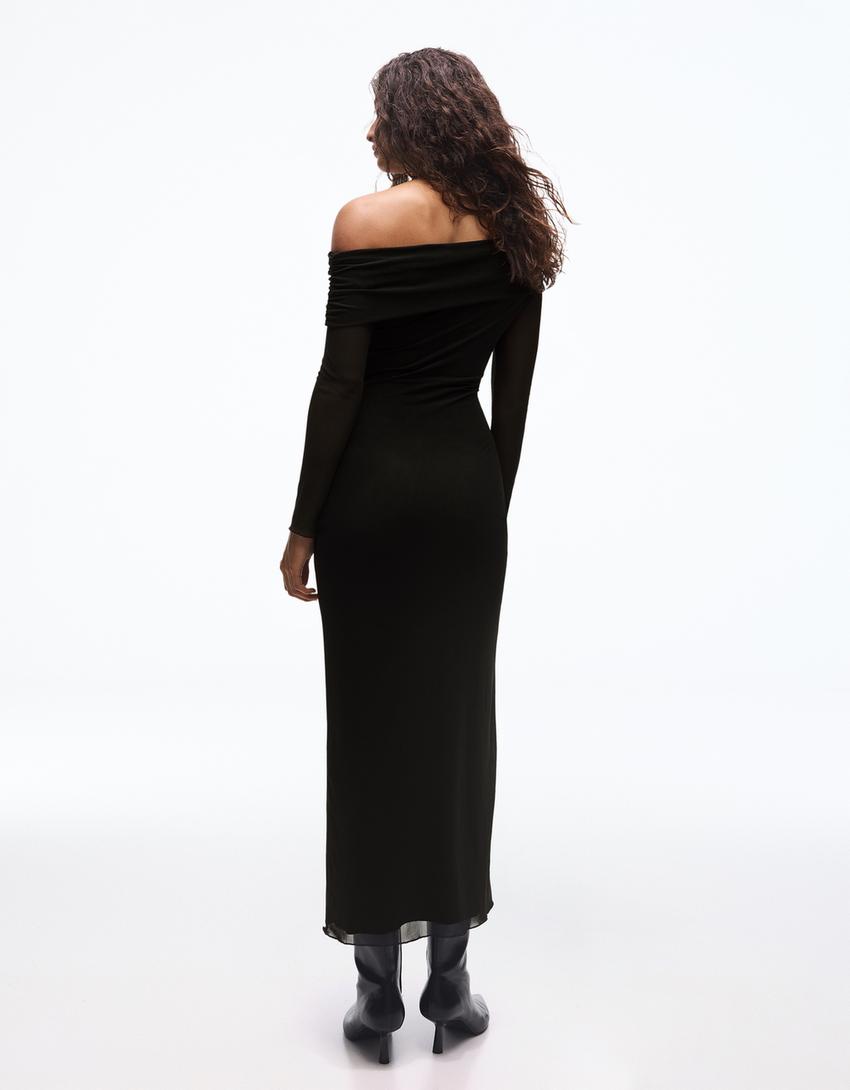 Robe midi manches longues bardot tulle imprimé-Noir
