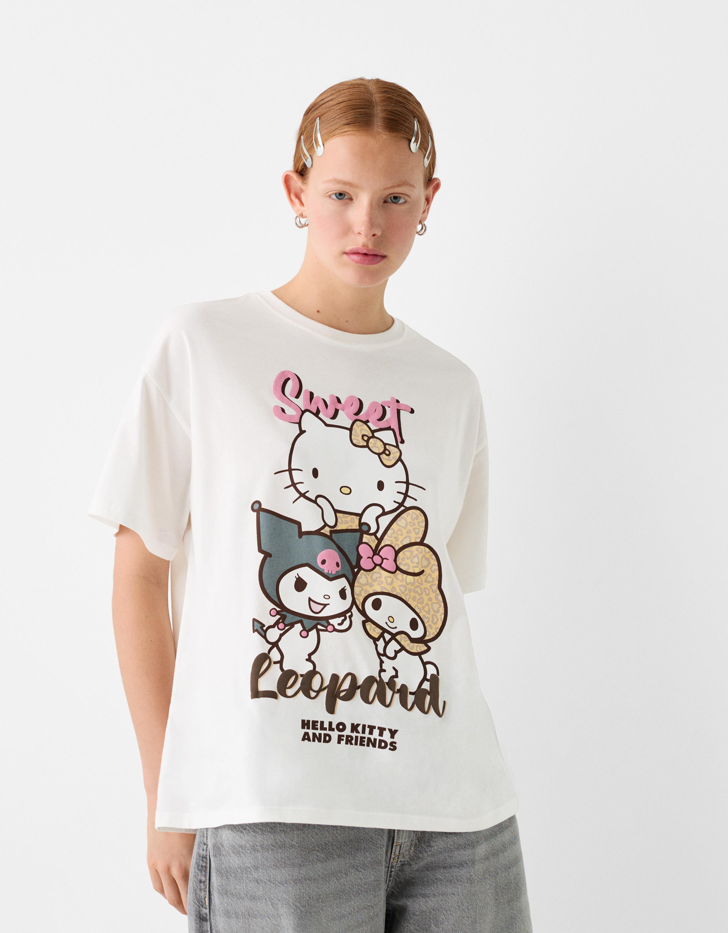 Bershka Oversize T-Shirt Hello Kitty & My Melody Mit Kurzen Ärmeln Damen 10-12 Grbrochenes Weiss