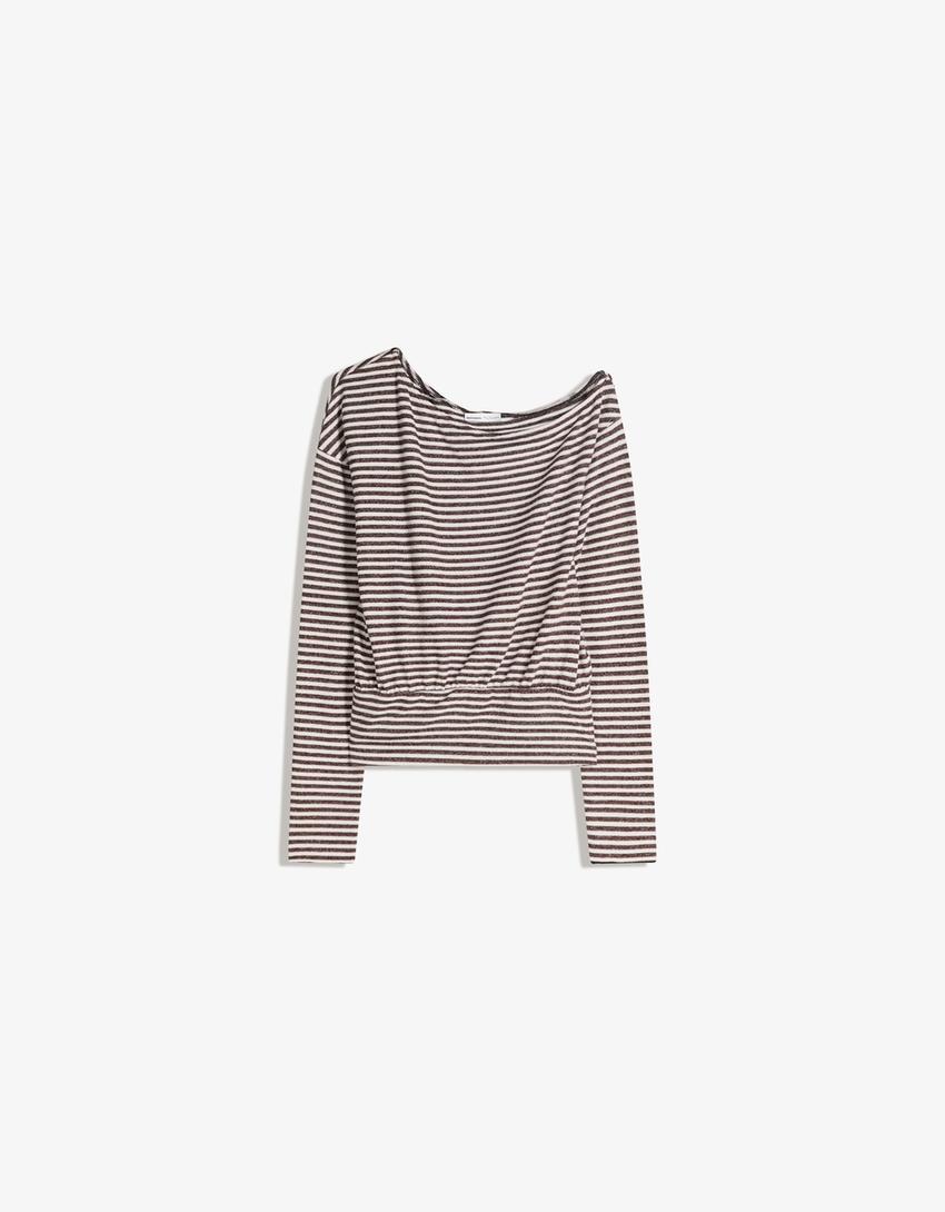 Asymmetric striped knit jumper-Brown