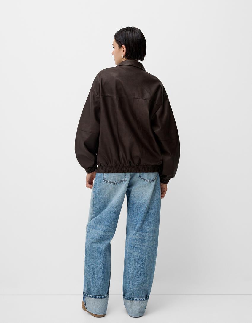 Oversize suni deri ceket-Kahverengi-1