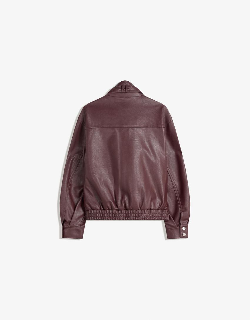 Faux leather jacket with pockets-Burgundy-5