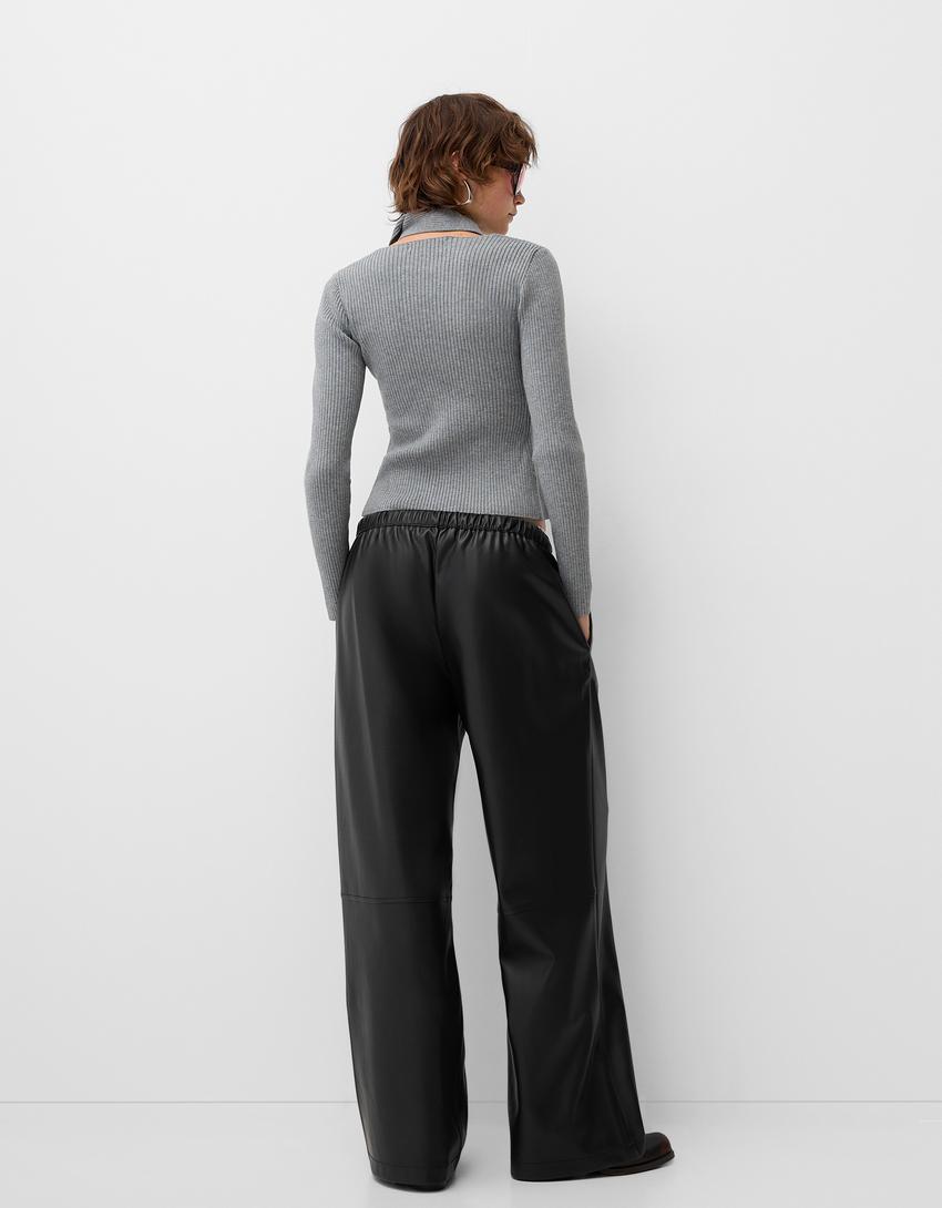 Pantalon large similicuir-Noir-2