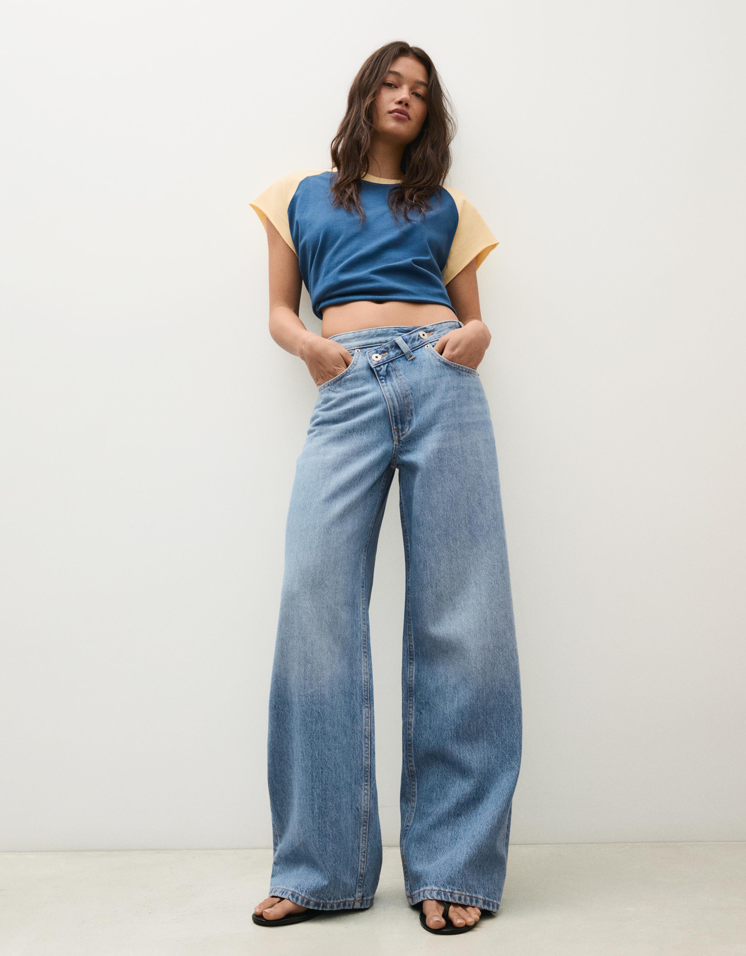 Bershka Jeans Wide Cintura Cruzada Mujer Azul Lavado