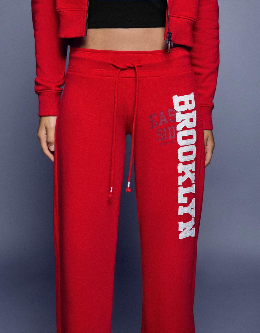 Baskılı şardonlu straight fit pantolon-Kırmızı