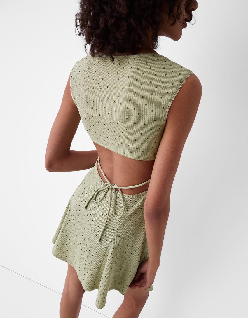 فستان قصير بطبعة وأكمام قصيرة-كاكي-5