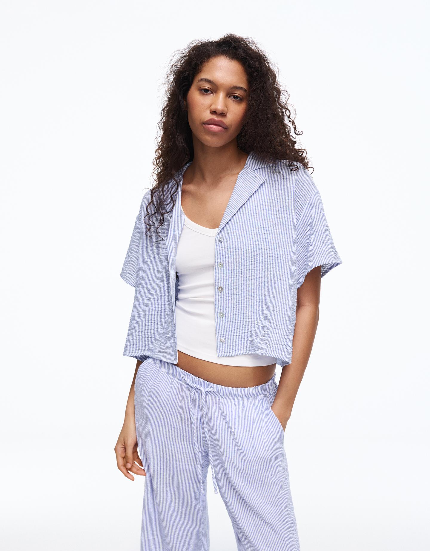 Bershka Camicia A Maniche Corte Rustica Donna M Azzurro