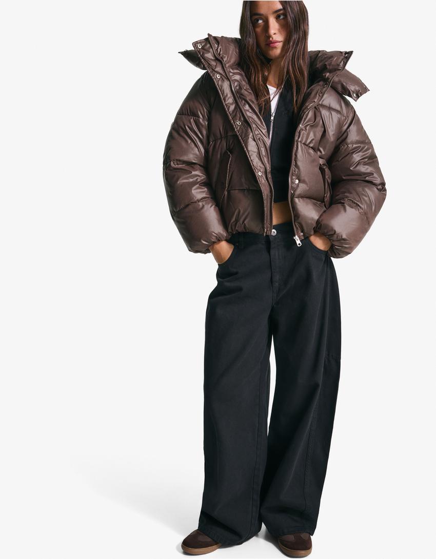Puffer jacket with hood-Brown-0
