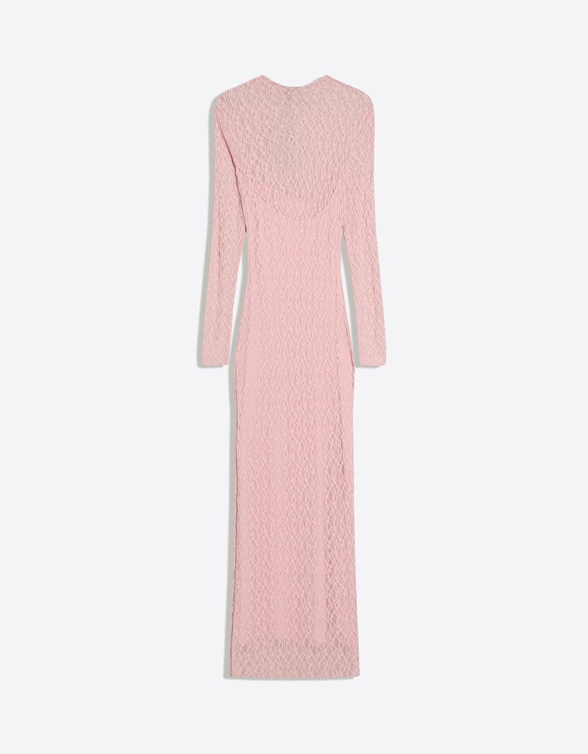 Blonde lace long-sleeve midi dress-Pink