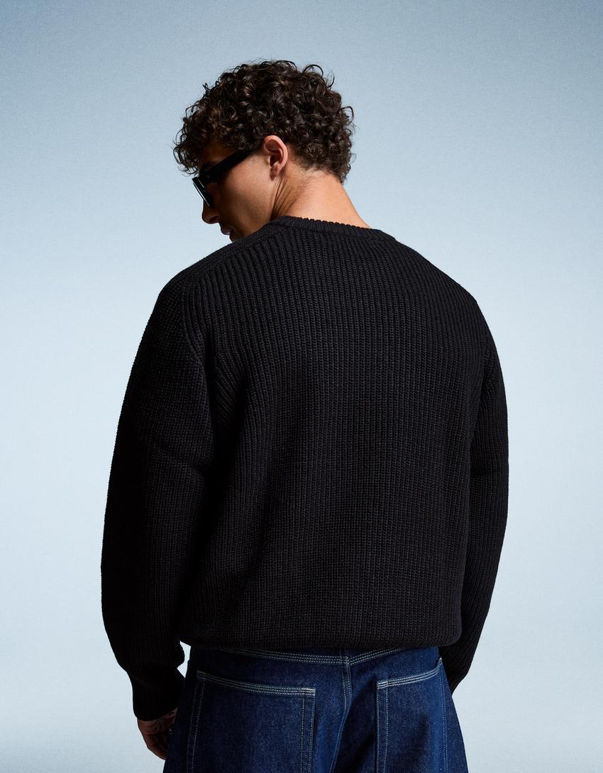 Pull en maille à côtes perlées avec laine-Noir-1