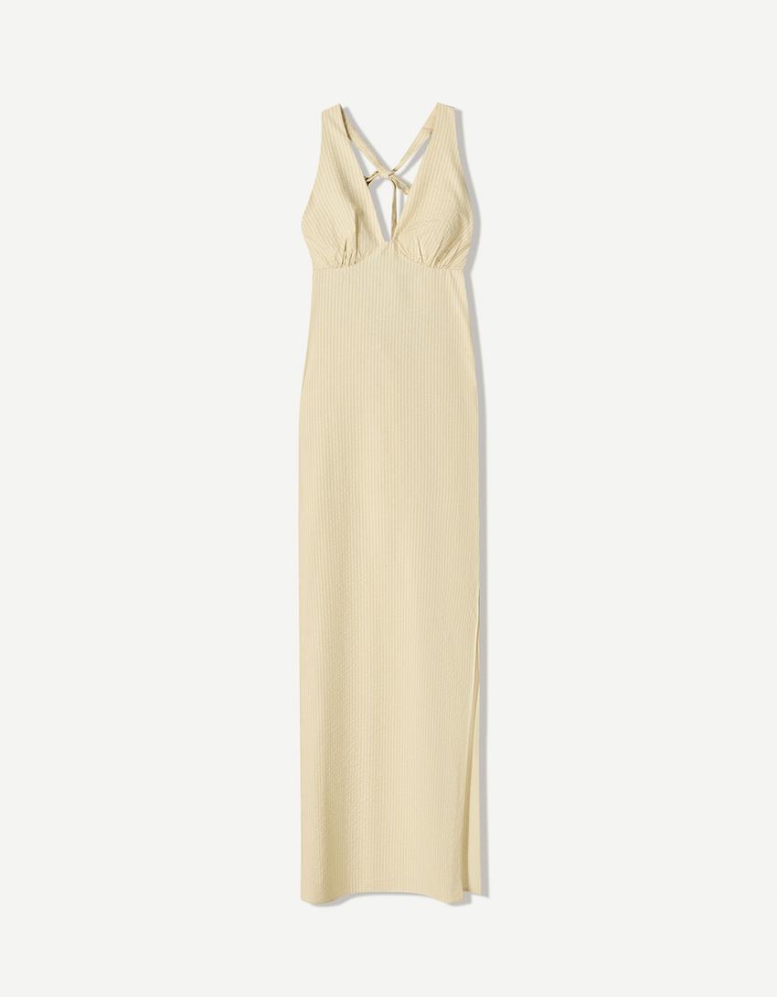Robe midi encolure américaine-Moutarde-4
