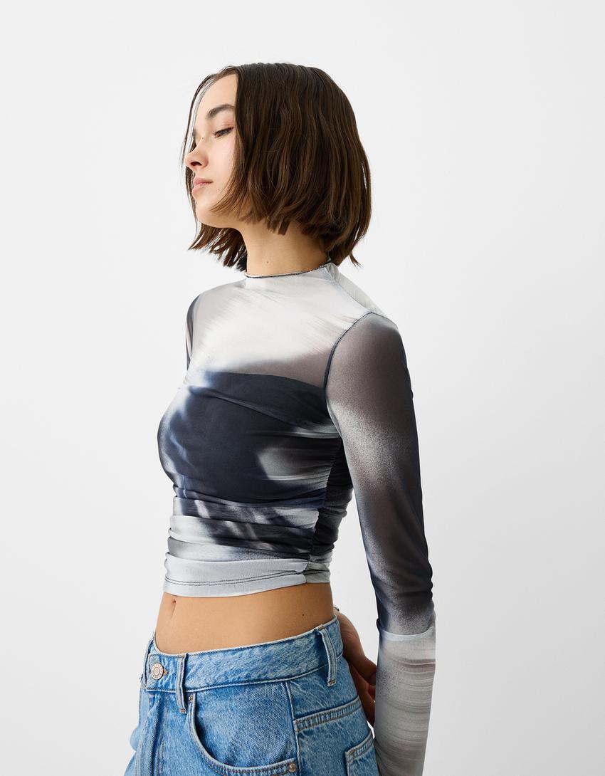 تيشرت تول بزمة وأكمام طويلة-رمادي-2