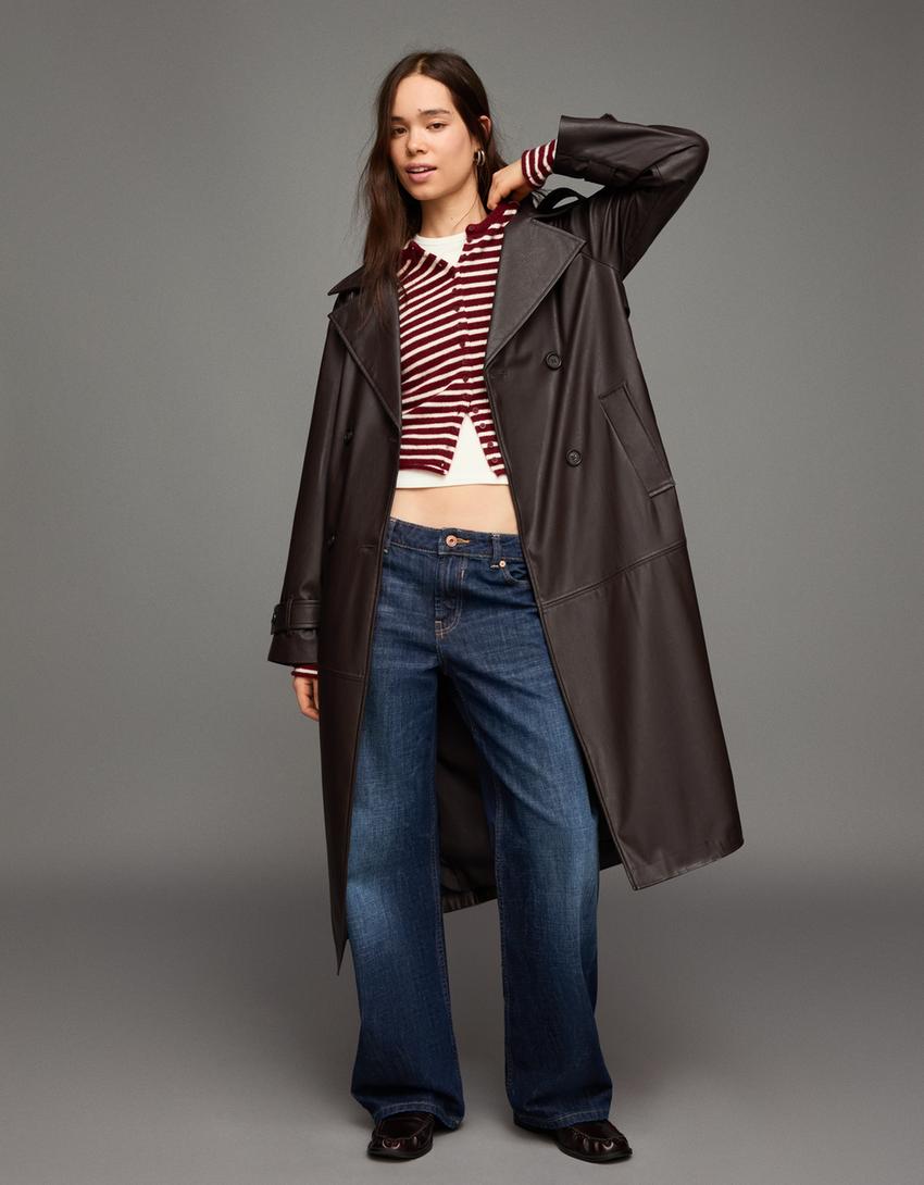 معطف ترنش جلد صناعي-بني