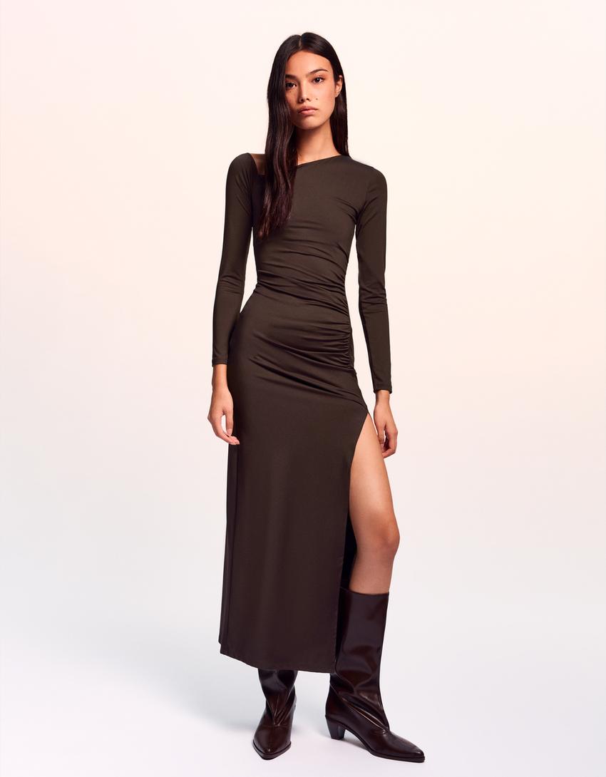 Asymmetric long sleeve midi dress-Brown