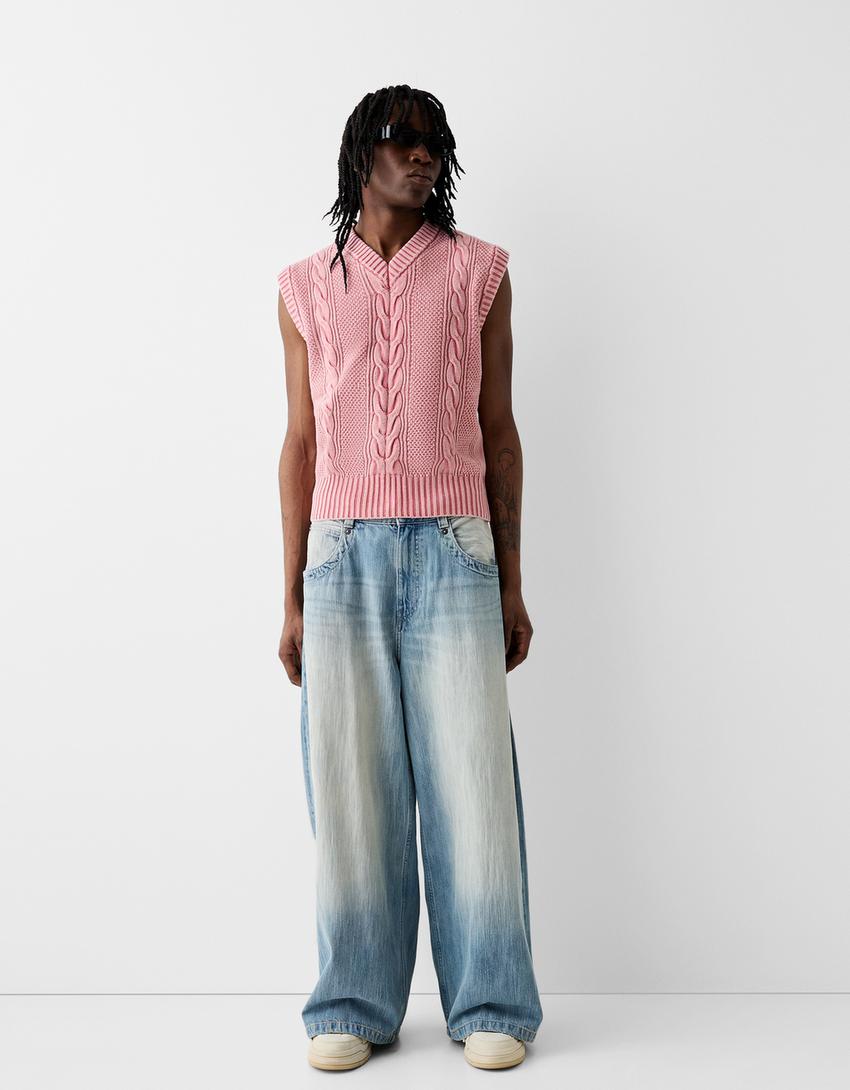 Gilet sans manches tressé-Rose-3