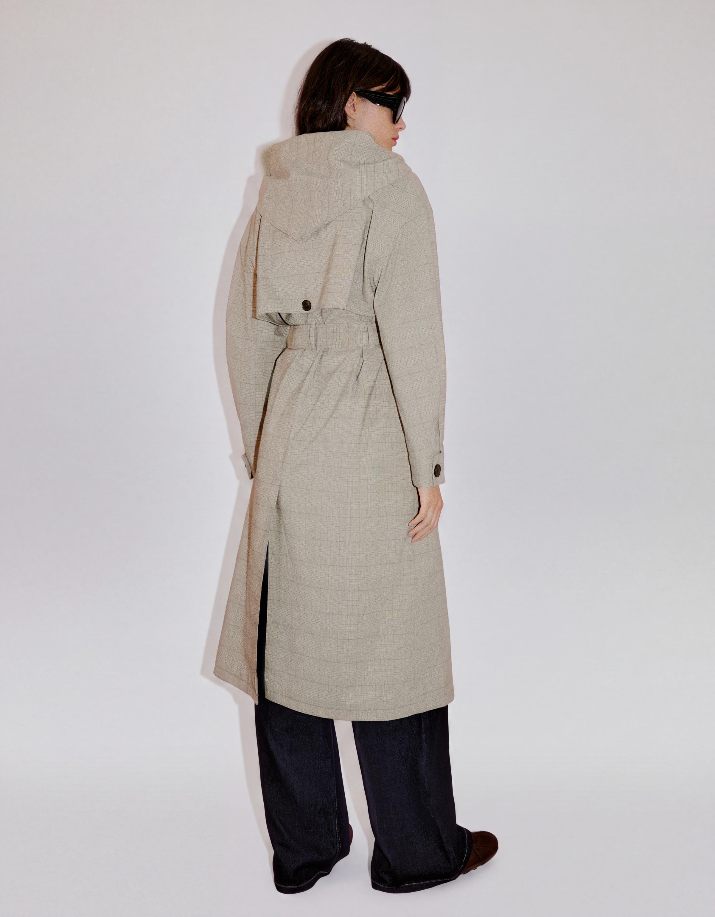 Long check scarf trench coat — Dark grey