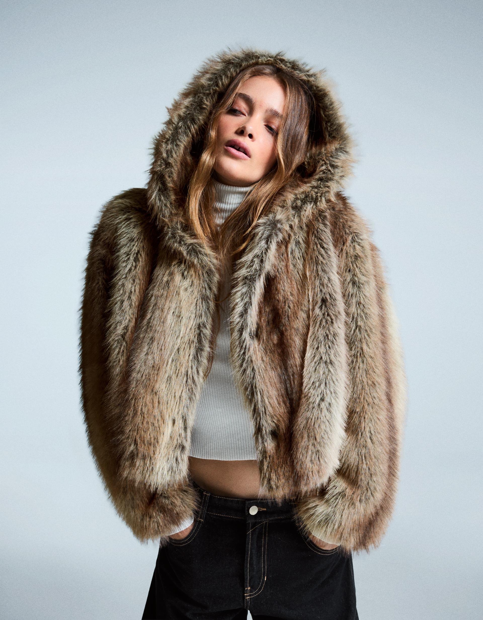 Faux fur hooded jacket - Women | Bershka