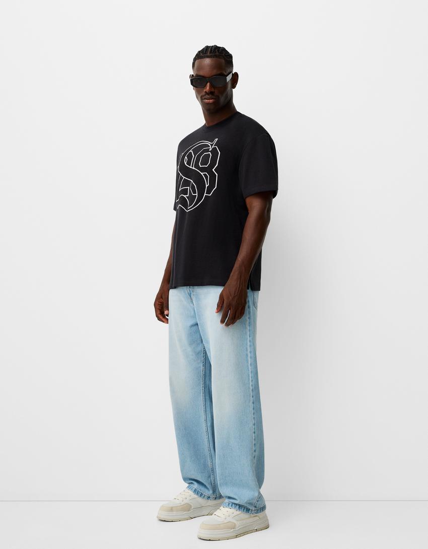 T-shirt de manga curta de felpa-Preto-3