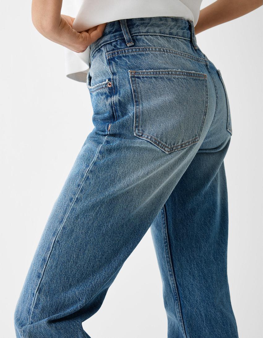 بنطال جينز بقصة مستقيمة-أزرق مغسول من الخارج-5