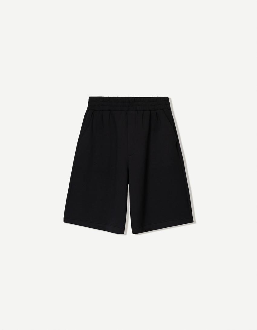 Oversize neoprene-effect Bermuda shorts-Black