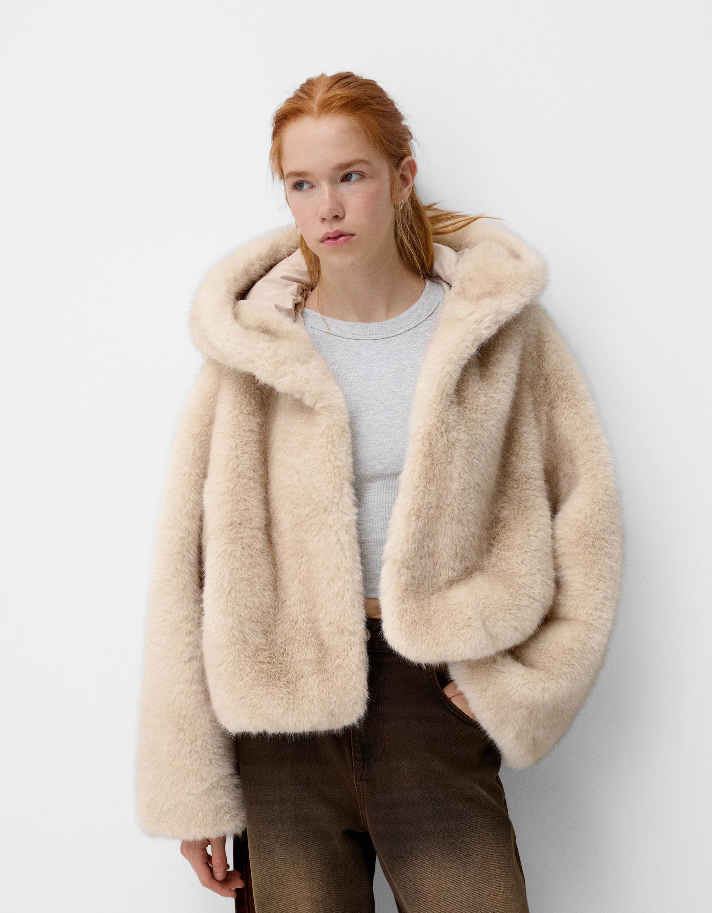 Faux fur jacket with hood Women Bershka