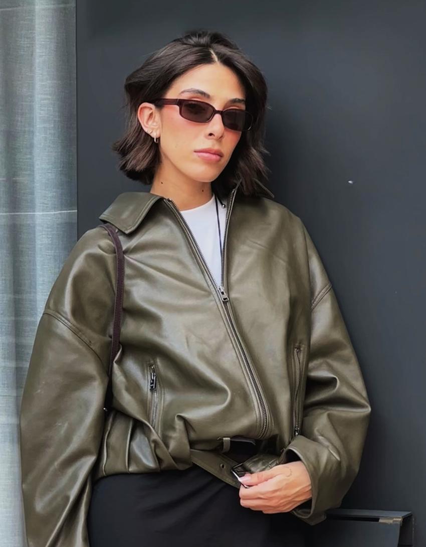Faux leather bomber jacket with belt-Khaki