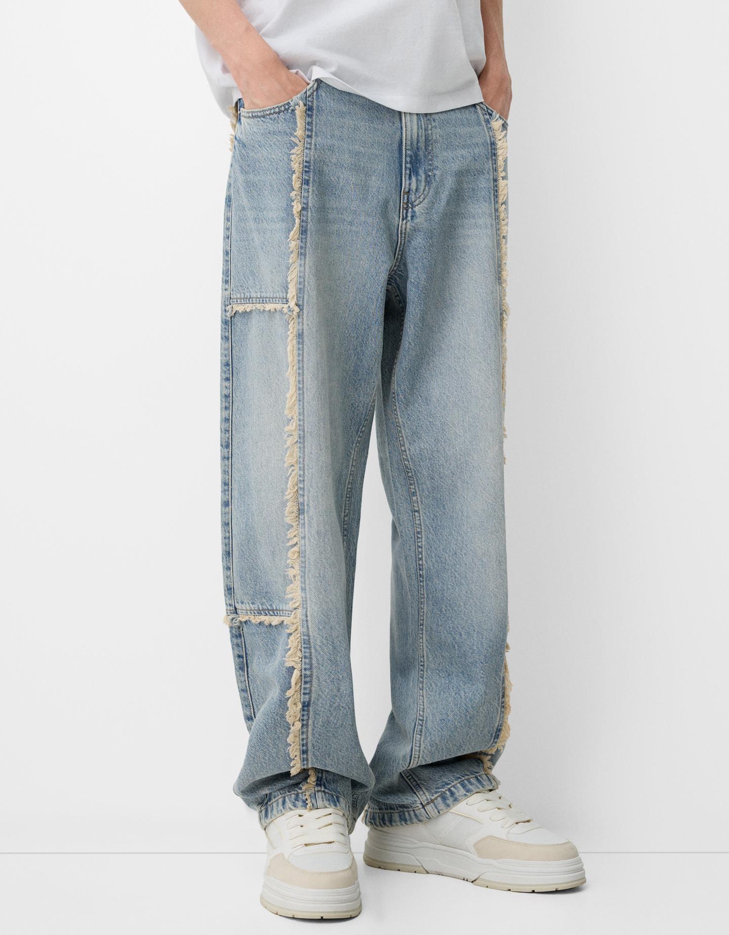 Bershka Jeans Baggy Frange Uomo 50 (Eu 44) Azzurro Lavato