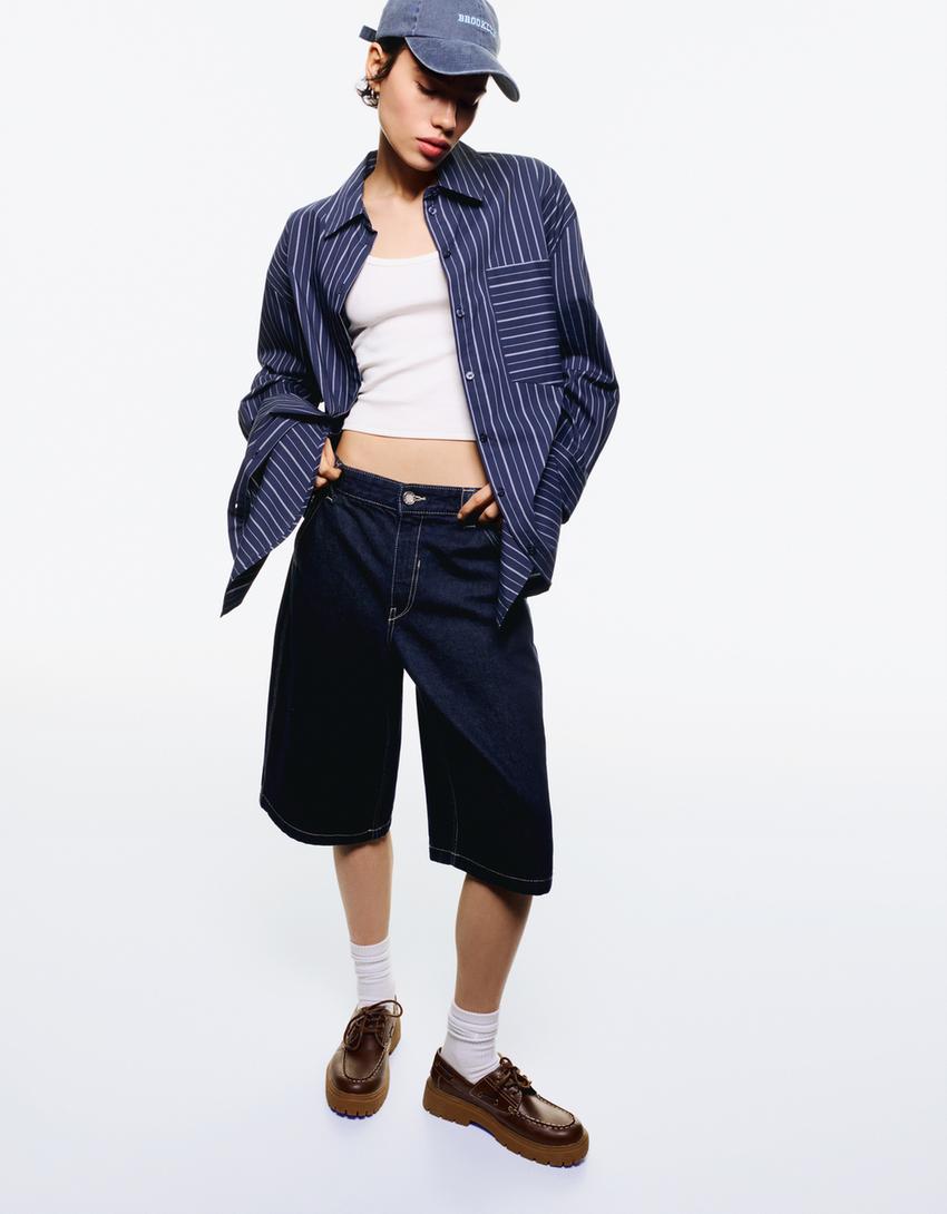 Camicia extra lunga a righe-Blu-2