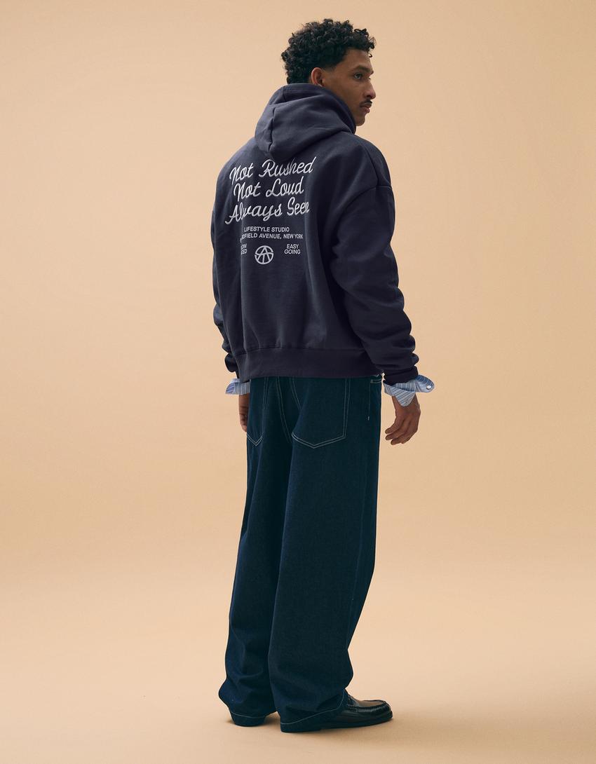 Sweat à capuche Boxy fit brodé-Bleu