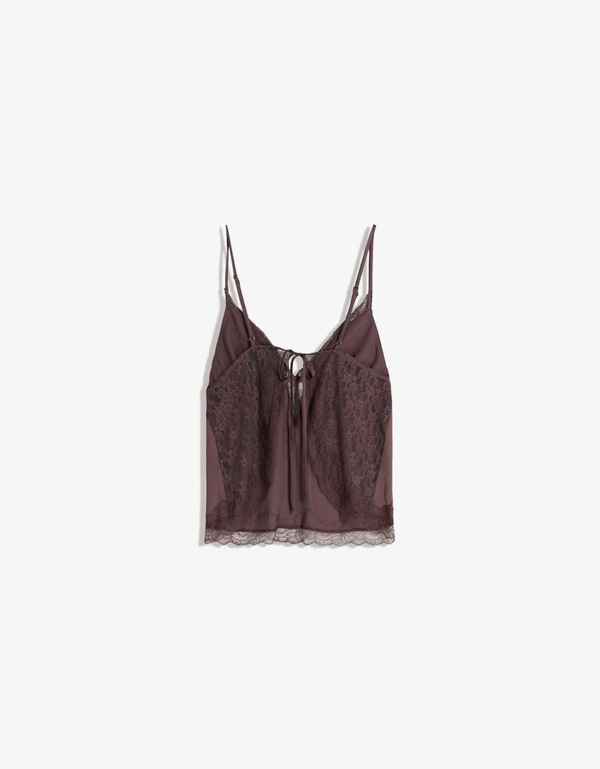 Asymmetric lace sateen strappy top