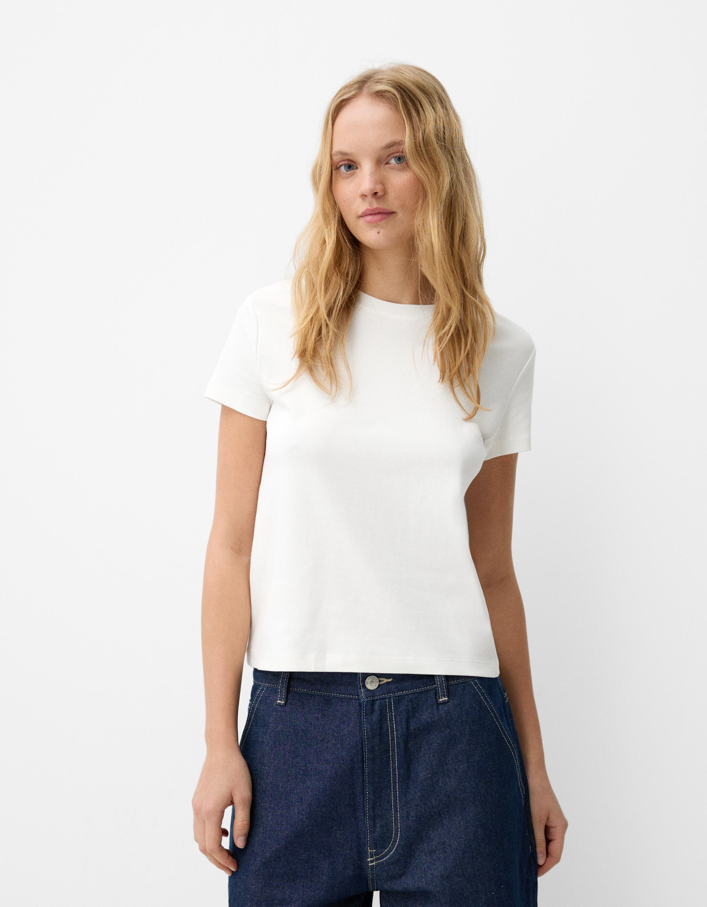 Bershka Dickes T-Shirt Mit Kurzen Ärmeln Damen Xs Grbrochenes Weiss