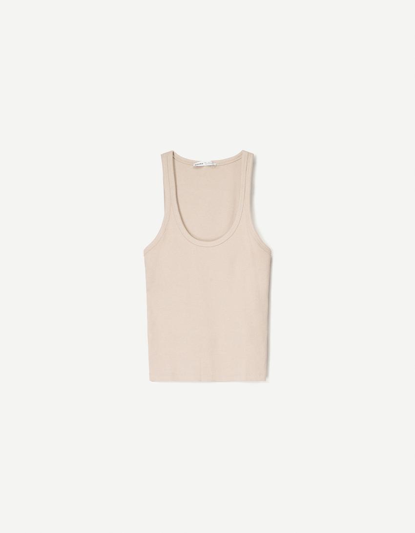 Ribbestrikket T-skjorte uten ermer-Sand-3
