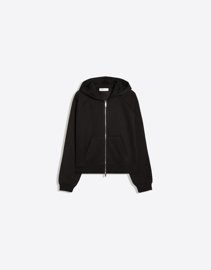 Zip-up plush hooded jacket-Black