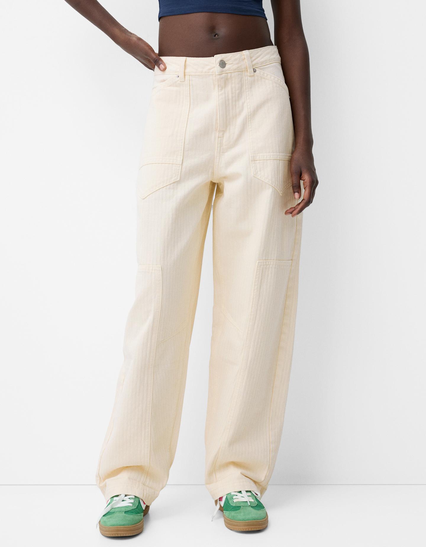 Bershka Pantalón Carpenter Sarga Mujer 38 Crudo