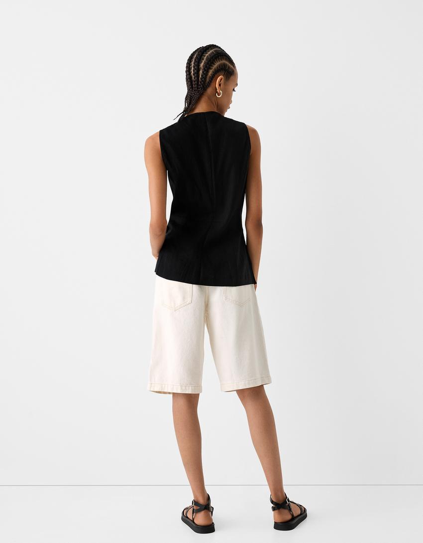 Жилетка по тялото с примес на лен-Черно-1